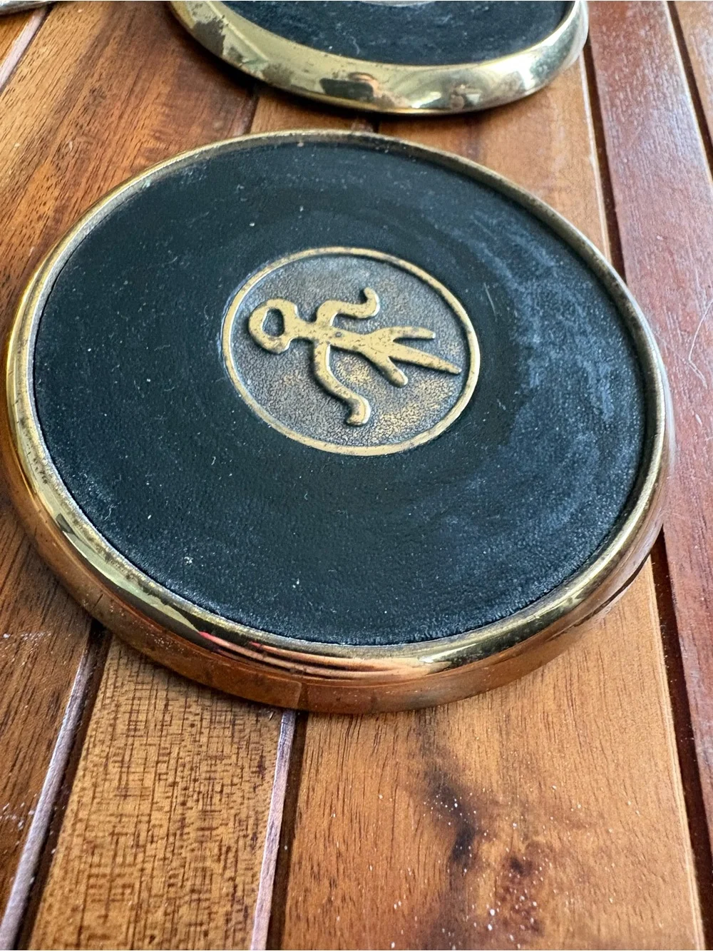Vintage Solid Brass Leather & Cork Coaster Set of 4 Early Christian Symbols